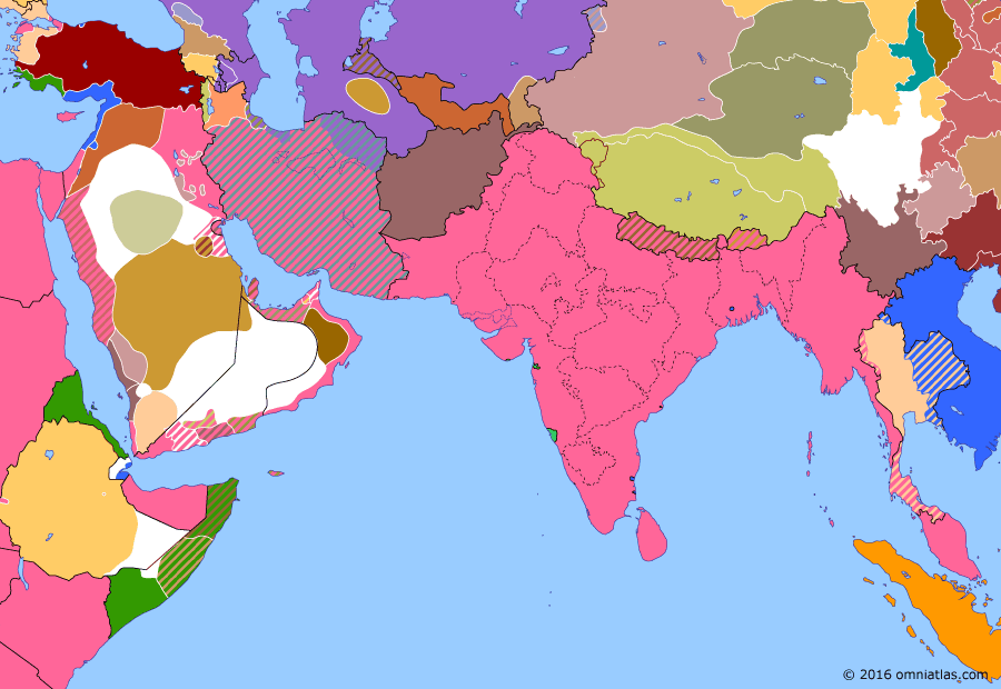 Political map of South & Southwest Asia on 25 Jul 1920 (Anglo-French Overreach: Franco-Syrian War), showing the following events: 1920 Iraqi Revolt; Greek Summer Offensive; Azadistan; Outbreak of Zhili-Anhui War; Franco-Syrian War.
