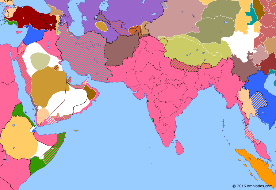 Political map of South & Southwest Asia on 28 Nov 1920 (Anglo-French Overreach: Turkish-Armenian War), showing the following events: Overthrow of the Emirate of Bukhara; Turkish-Armenian War; Treaty of Seeb.
