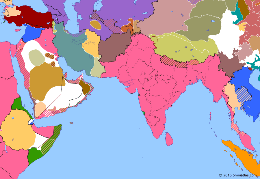 Political map of South & Southwest Asia on 27 Aug 1921 (Anglo-French Overreach: Greco-Turkish War), showing the following events: Baloch independence; Revocation of the Anglo-Persian Agreement; Italian evacuation from Adalia; Battle of Sakarya.