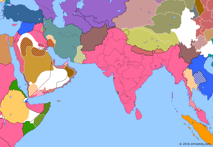 Political map of South & Southwest Asia on 24 Jul 1923 (Rising Nationalism: Treaty of Lausanne), showing the following events: Treaty on the Creation of the USSR; Separation of Transjordan from Palestine; Soviet resolution on Bukhara; Treaty of Lausanne; Mosul Question.