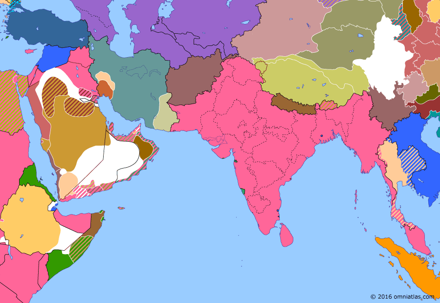Political map of South & Southwest Asia on 13 Oct 1924 (Rising Nationalism: Saudi Conquest of Hejaz), showing the following events: Nepal-Britain Treaty; Abolition of the Ottoman Caliphate; Sharifian Caliphate; Anglo-Italian Convention; Ta’if massacre; Battle of Mecca.