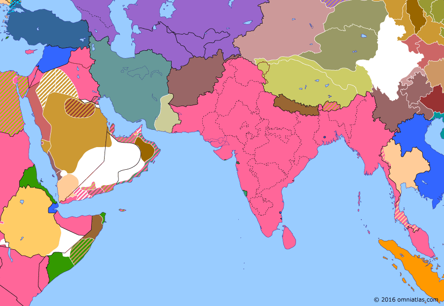 Political map of South & Southwest Asia on 12 May 1925 (Rising Nationalism: Soviet Reorganization of Central Asia), showing the following events: Turkmen Soviet Socialist Republic; Uzbek Soviet Socialist Republic; End of Sheikh Khazal rebellion; Franco-Siamese Treaty.