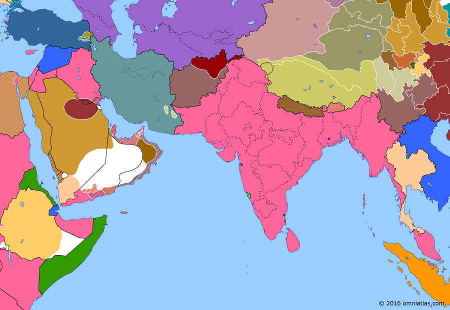 Political map of South & Southwest Asia on 29 Mar 1929 (Rising Nationalism: Ikhwan Revolt), showing the following events: Ararat rebellion; Ikhwan Revolt; Pacification of Sarhad; Aden Command; Bardoli Satyagraha; Presidency of Chiang Kaishek; Reign of Kalakani.