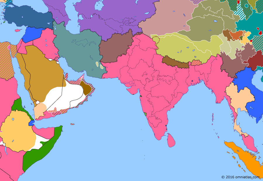 Political map of South & Southwest Asia on 26 Mar 1931 (Rising Nationalism: Sino-Tibetan War), showing the following events: Central Plains War; Sino-Tibetan War; Zilan massacre; Gandhi-Irwin Pact.