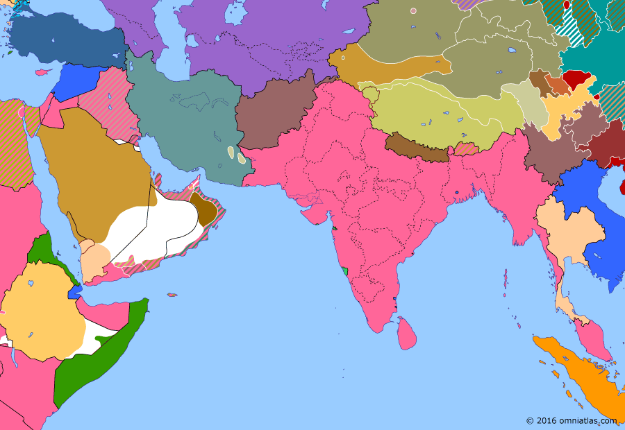 Political map of South & Southwest Asia on 12 Dec 1933 (Rising Nationalism: First East Turkestan Republic), showing the following events: Independence of Iraq; Second Ma intervention in Xinjiang; Chancellor Adolf Hitler; Simele massacre; First East Turkestan Republic.