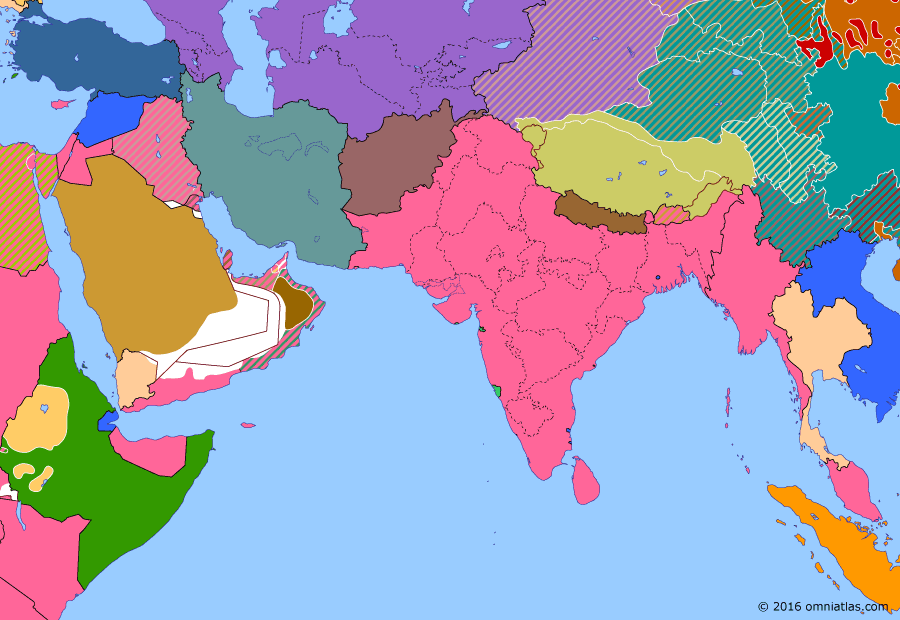 Political map of South & Southwest Asia on 22 Dec 1939 (Arrival of the New Order: World War II and the Day of Deliverance), showing the following events: Islamic rebellion in Xinjiang; Marco Polo Bridge Incident; Siam becomes Thailand; Germany invasion of Poland; India enters World War II; Resignation of Indian Congress; Day of Deliverance.