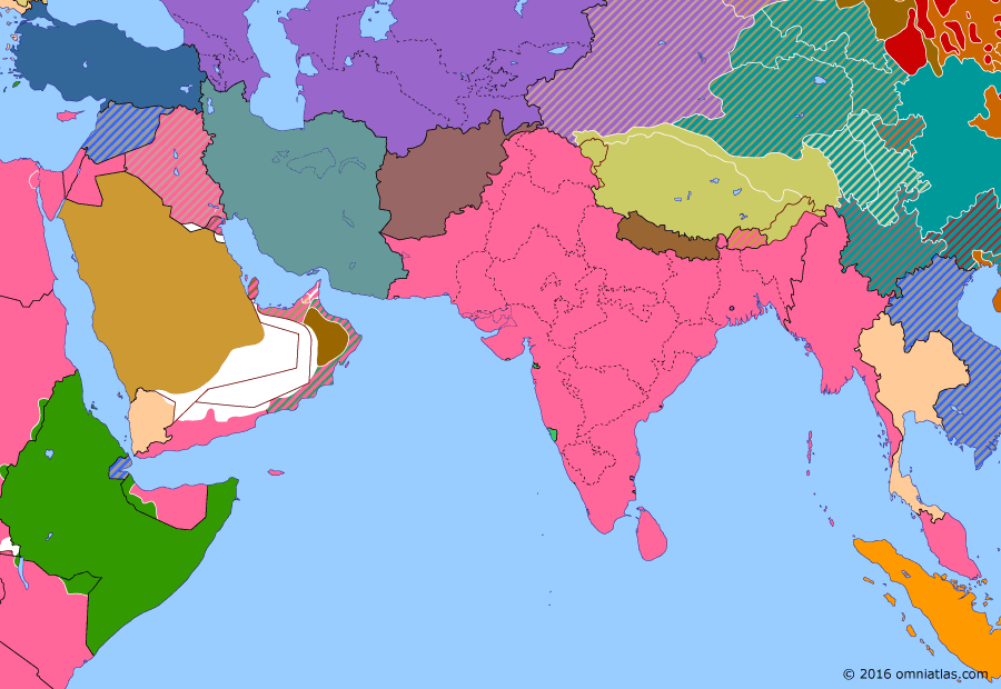 Political map of South & Southwest Asia on 07 Aug 1940 (World War II: The Middle Eastern Theater: Italian Conquest of British Somaliland), showing the following events: Lahore Resolution; Italian entry into World War II; Second Armistice at Compiègne; Capture of Kassala; Capture of Moyale; British closure of the Burma Road; Italian conquest of British Somaliland.