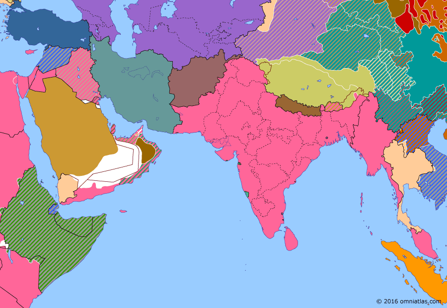 Political map of South & Southwest Asia on 17 Jan 1941 (World War II: The Middle Eastern Theater: Japanese Intervention in French Indochina), showing the following events: Japanese invasion of French Indochina; Tripartite Pact; British reopening of Burma Road; Franco-Thai War.